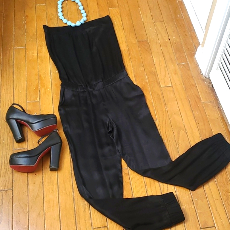 Drew Anthropologie Strapless Black Silky Ankle Cropped Romper Size S